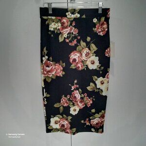 Iris Basic Waffle Stretch Black & Floral Pull-On Below Knee Pencil Skirt NWT Med